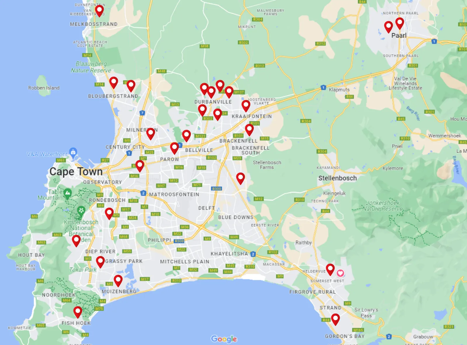 Map of Cape Town and surrounds with pins showing where certified members are based, from Melkbosstrand and Paarl to Fish Hoek and Gordon's Bay